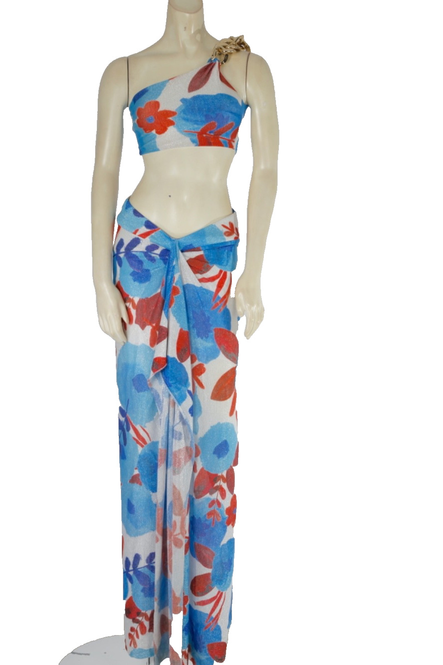 Raisa Vanessa Floral 2PC Set One Shoulder Crop Top Sarong Drape Maxi Skirt EU 38